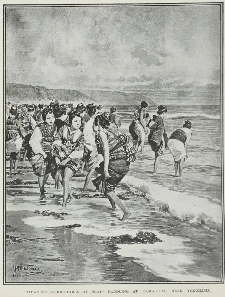 Japanese school-girls at play: paddling at Kamakura, near Yokohama