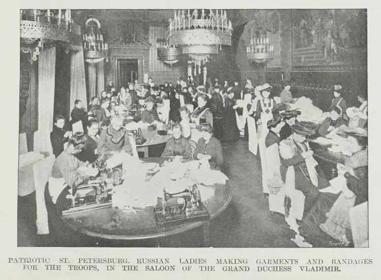 Patriotic St. Petersburg. Russian ladies making garments and bandages for the troops, in the saloon of the Grand Duchess Vladimir