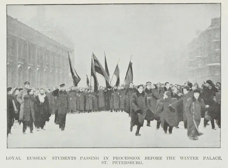 Loyal Russian students passing in procession before the Winter Palace, St. Petersburg