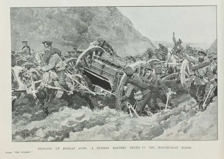 Bringing up Russian guns. a Russian battery sticks in the Manchurian roads