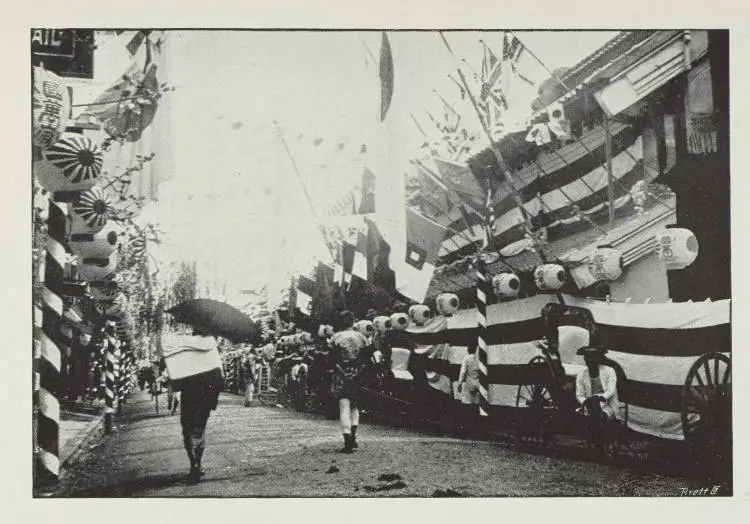 Japanese street scene, showing patriotic flags during the Russo-Japanese War