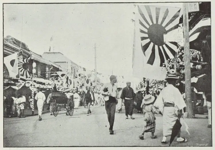 Japanese street scene, showing patriotic flags during the Russo-Japanese War