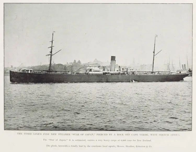 The Tyser line's fine new steamer 'Star of Japan,' pierced by a rock off Cape Verde, West French Africa
