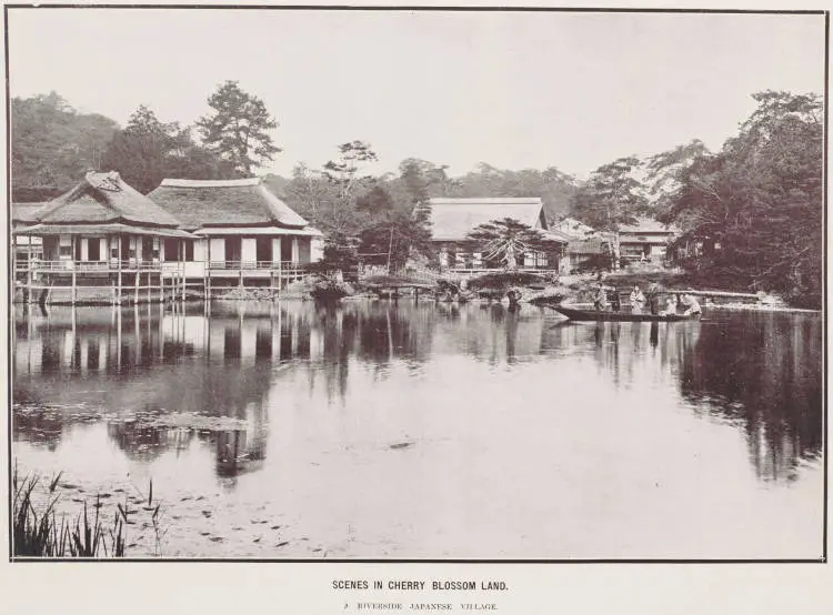 Scenes in cherry blossom land. A river side Japanese village
