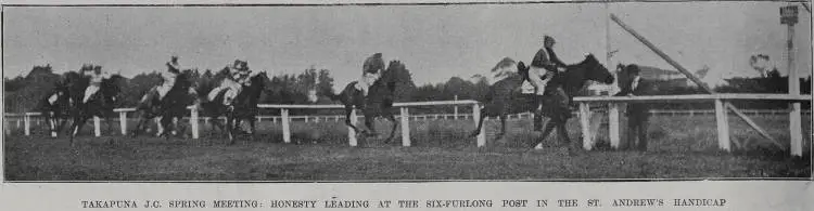 Takapuna J C spring meeting: Honesty leading at the six furlong post in the St Andrews handicap