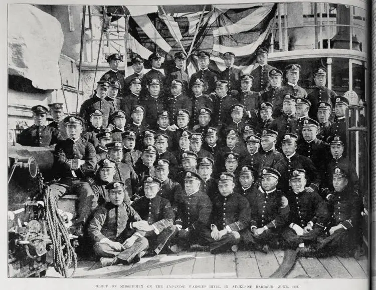 Group portrait of midshipmen on board the Japanese warship 'Hiyei' visiting Auckland harbour, June 1902
