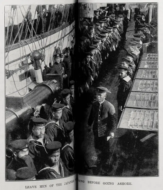 Visiting Japanese sailors lining up on board ship before going ashore in Auckland