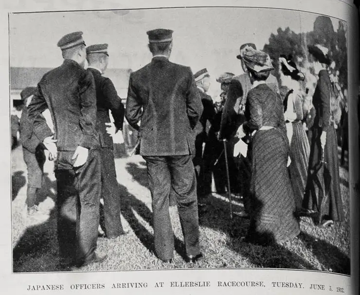 Japanese officers arriving at Ellerslie Racecourse, Tuesday 3 June 1902