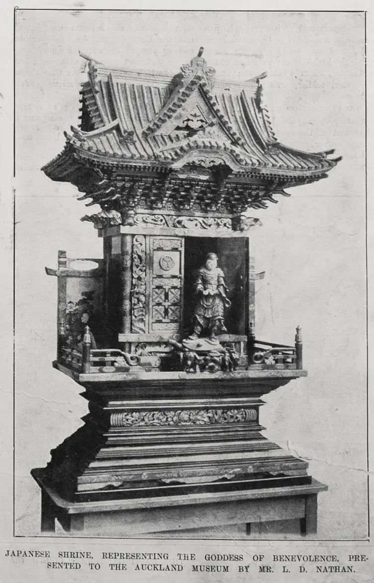 Japanese shrine representing the goddess of benevolence, presented to the Auckland Museum by Mr L D Nathan