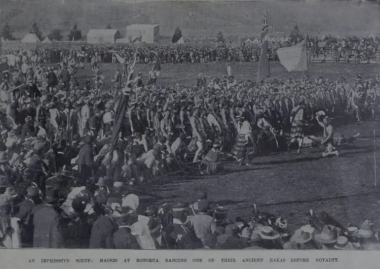 An impressive scene: Maori at Rotorua dancing one of their ancient hakas before royalty