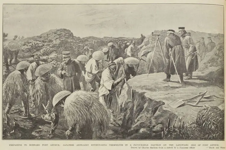 PREPARING TO BOMBARD PORT ARTHUR: JAPANESE ARTILLERY ENTRENCHING THEMSELVES IN A FAVOURABLE POSITION ON THE LANDWARD SIDE OF PORT ARTHUR. Drawn by Charles Sheldon from a sketch by a Japanese officer