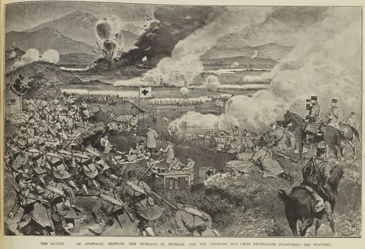 THE BATTLE OF CHONG-JU SHOWING THE RUSSIANS IN RETREAT. AND THE JAPANESE RED CROSS ATTENDANTS SUCCOURING THE WOUNDED
