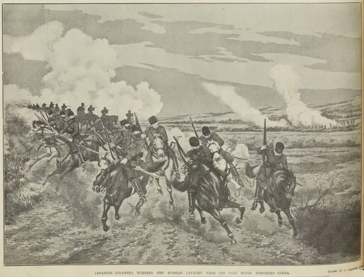 JAPANESE INFANTRY TURNING THE RUSSIAN CAVALRY NEAR THE YALU RIVER, NORTHERN COREA
