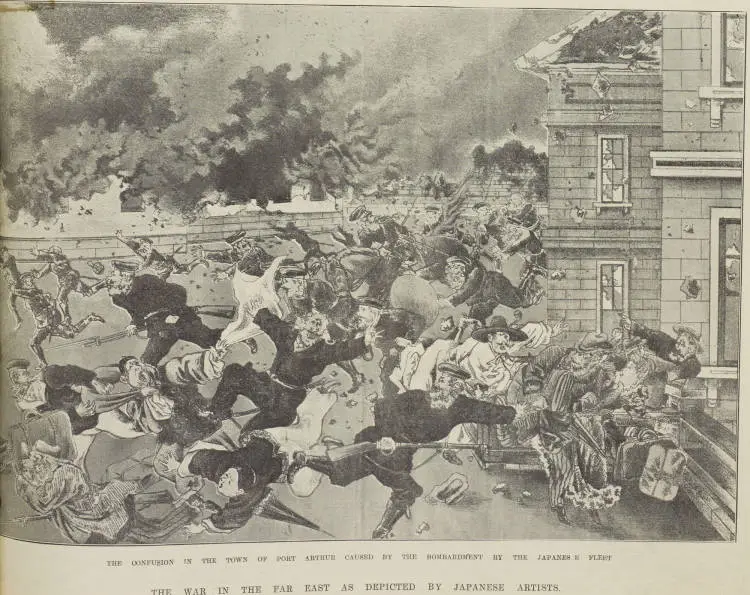 THE CONFUSION IN THE TOWN OF PORT ARTHUR CAUSED BY THE BOMBARDMENT BY THE JAPANESE FLEET THE WAR IN THE FAR EAST AS DEPICTED BY JAPANESE ARTISTS