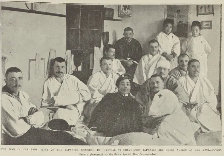 THE WAR IN THE EAST: SOME OF THE JAPANESE WOUNDED IN HOSPITAL AT CHEMULPHO, JAPANESE RED CROSS NURSES IN THE BACKGROUND. From a photograph by the News’ Special War Correspondent