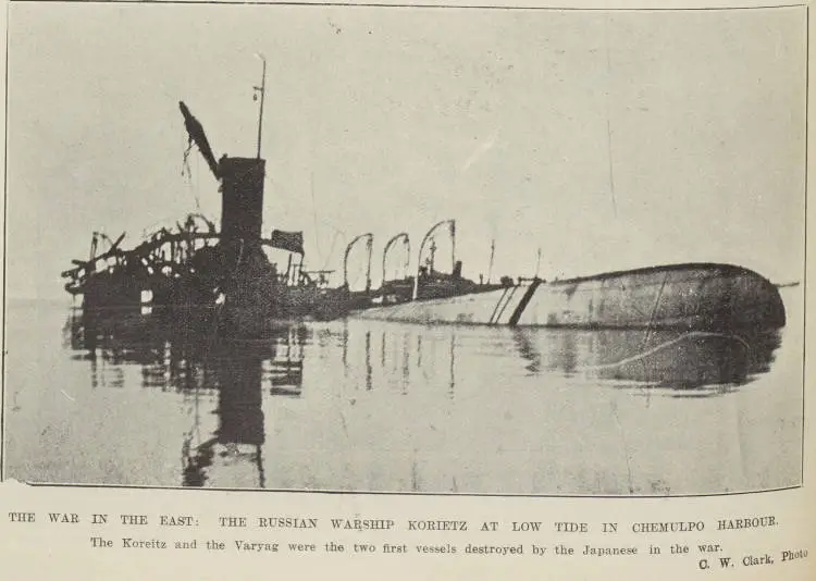 The war in the east: the Russian warship Korietz at low tide in Chemulpo harbour