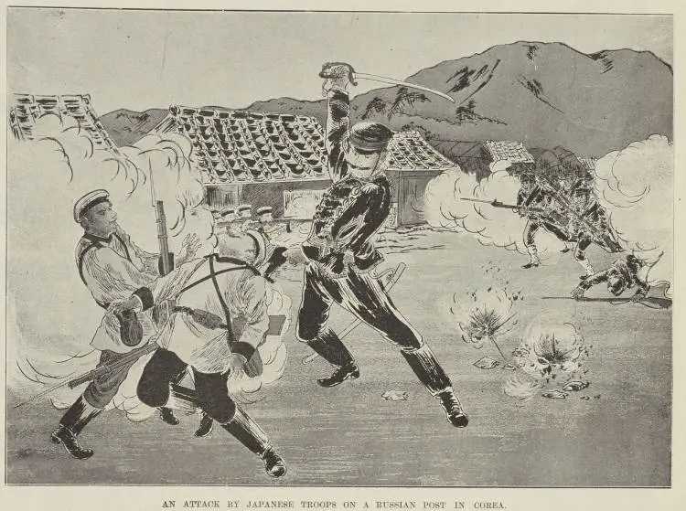 An attack by Japanese troops on a Russian post in Corea