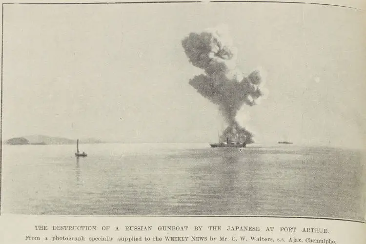 The destruction of a Russian gunboat by the Japanese at Port Arthur