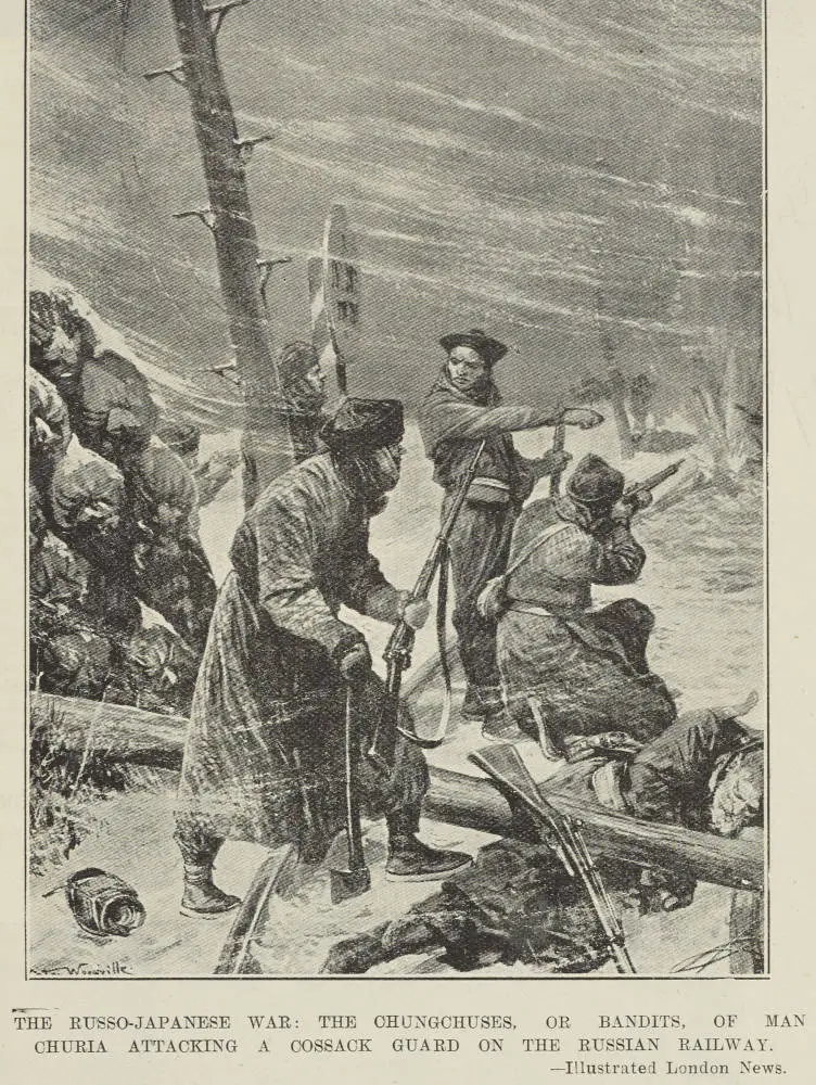 The Russo-Japanese war: the Chungchuses, or bandits, of Manchuria attacking a cossack guard on the Russian railway