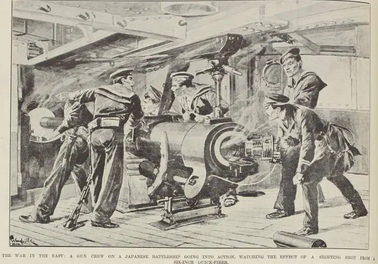 The war in the east: a gun crew on a Japanese battleship going into action