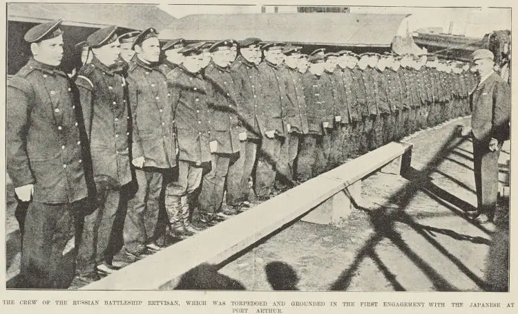 The crew of the Russian battleship Retvisan, which was torpedoed and grounded in the first engagement with the Japanese at Port Arthur
