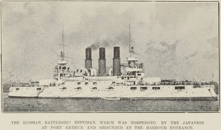 The Russian battleship Retvisan, which was torpedoed by the Japanese at Port Arthur and grounded at the harbour entrance