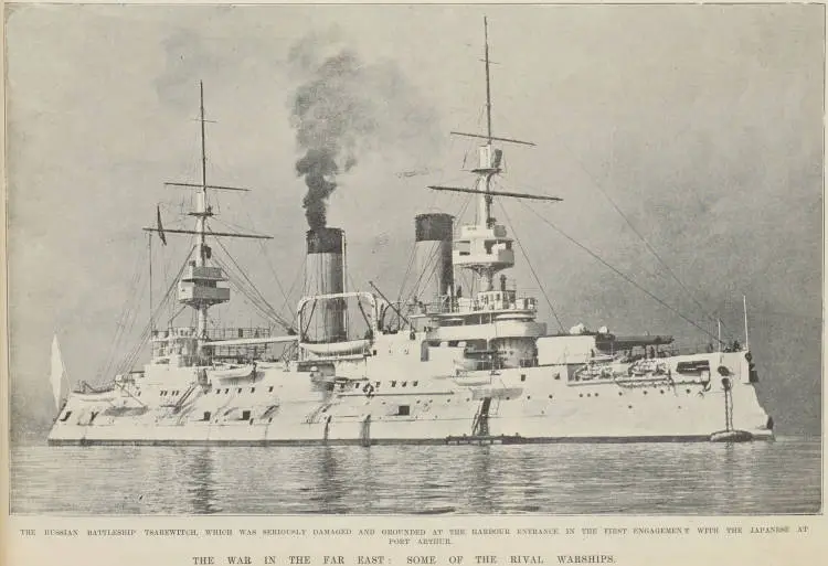 The Russian battleship Tsarewitch, which was seriously damaged and grounded at the harbour entrance in the first engagement with the Japanese at Port Arthur