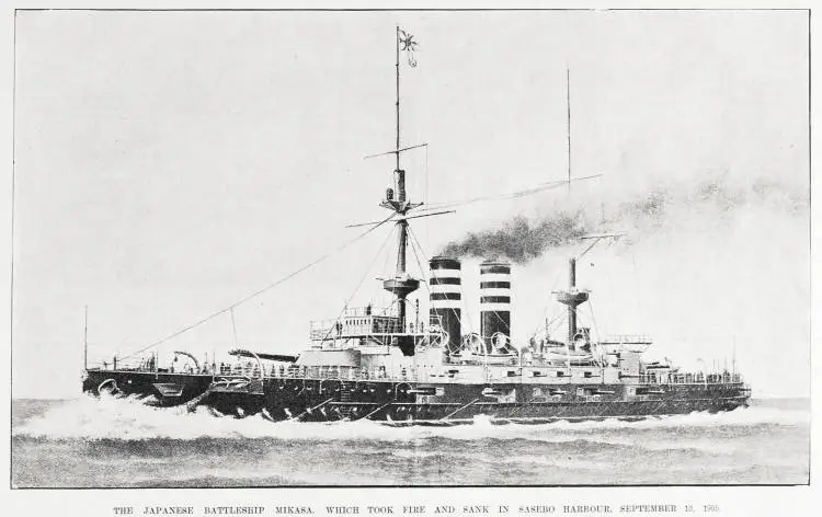 THE JAPANESE BATTLESHIP MIKASA, WHICH TOOK FIRE AND SANK IN SASEBO HARBOUR, SEPTEMBER 10, 1905