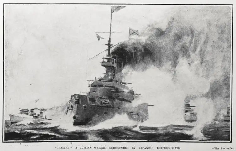 'DOOMED' A RUSSIAN WARSHIP SURROUNDED BY JAPANESE TORPEDO-BOATS