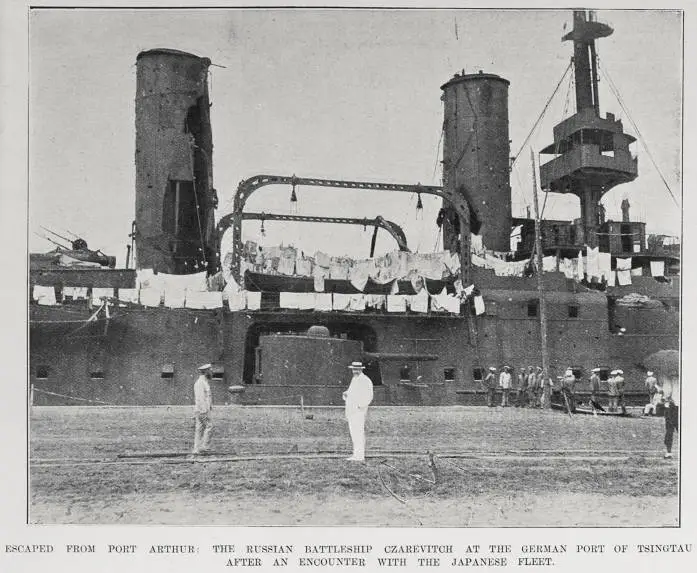 ESCAPED FROM PORT ARTHUR: THE RUSSIAN BATTLESHIP CZAREVITCH AT THE GERMAN PORT OF TSINGTAU AFTER AN ENCOUNTER WITH THE JAPANESE FLEET