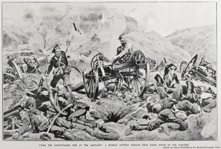 UNDER THE CONCENTRATED FIRE OF THE ARTILLERY: A RUSSIAN BATTERY SHELLED FROM THREE POINTS BY THE JAPANESE
