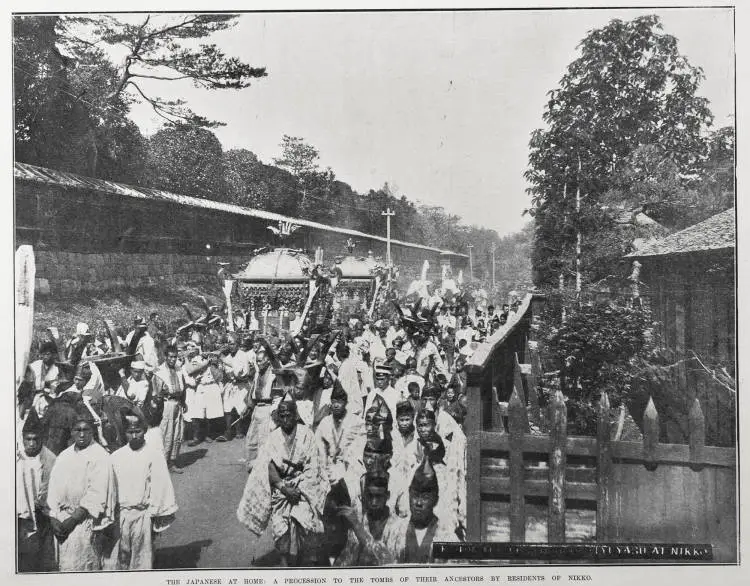 THE JAPANESE AT HOME: A PROCESSION TO THE TOMBS OF THEIR ANCESTORS BY RESIDENTS OF NIKKO