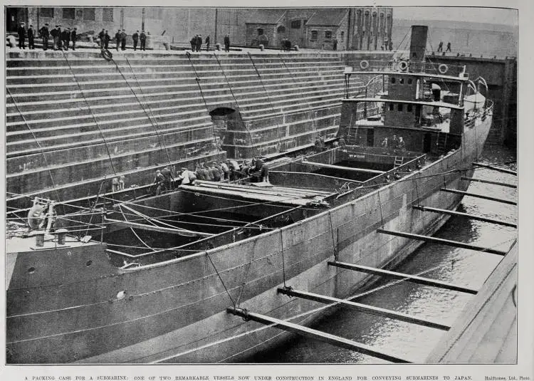 A PACKING CASE FOR A SUBMARINE: ONE OF TWO REMARKABLE VESSELS NOW UNDER CONSTRUCTION IN ENGLAND FOR CONVEYING SUBMARINES TO JAPAN