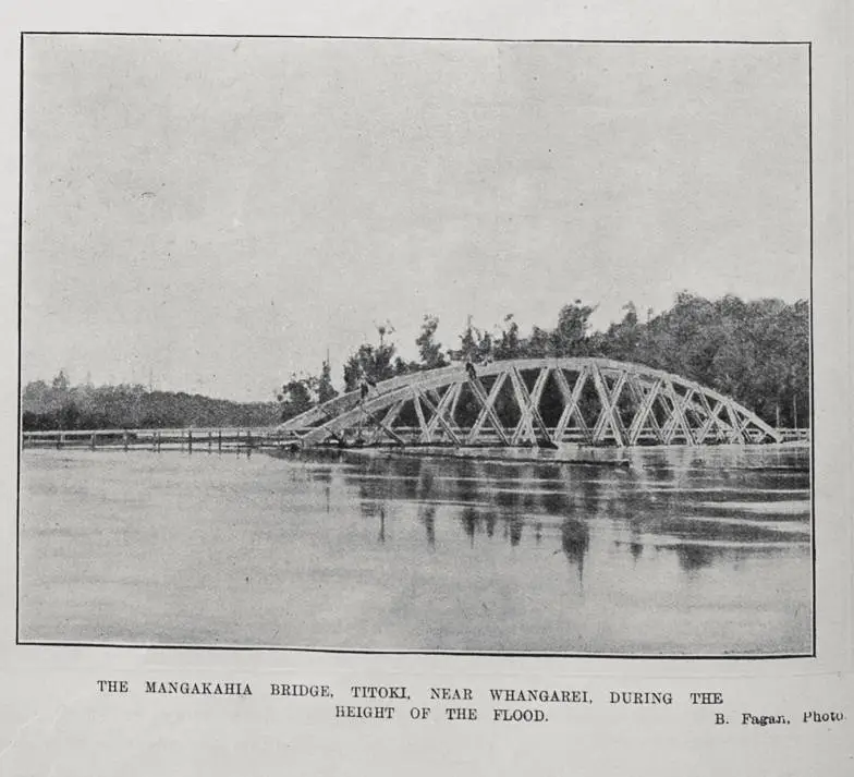 THE MANGAKAHIA BRIDGE,TITOKI, NEAR WHANGAREI, DURING THE HEIGHT OF THE FLOOD