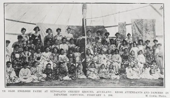 YE OLDE ENGLISHE FAYRE AT KINGSLAND CRICKET GROUND, AUCKLAND: KIOSK ATTENDANTS AND DANCERS IN JAPANESE COSTUMESS, FEBRUARY 5, 1906