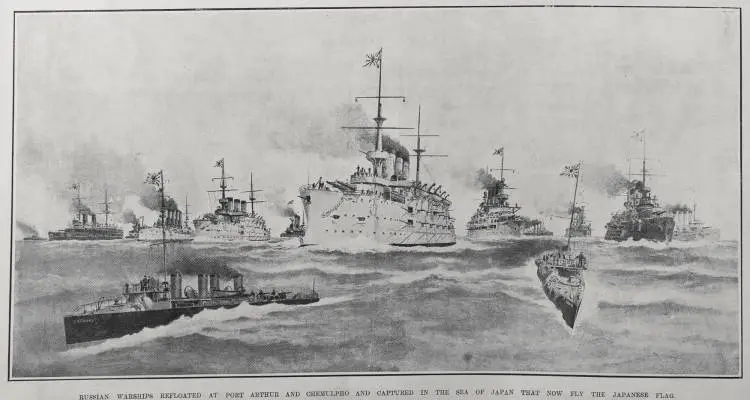 RUSSIAN WARSHIPS REFLOATED AT PORT ARTHUR AND CHEMULPHO AND CAPTURED IN THE SEA OF JAPAN THAT NOW FLY THE JAPANESE FLAG