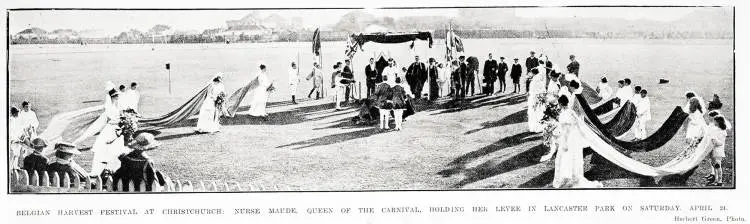Belgian harvest festival at Christchurch: Nurse Maude, Queen of the Carnival, holding her levee in Lancaster park on Saturday, April 24