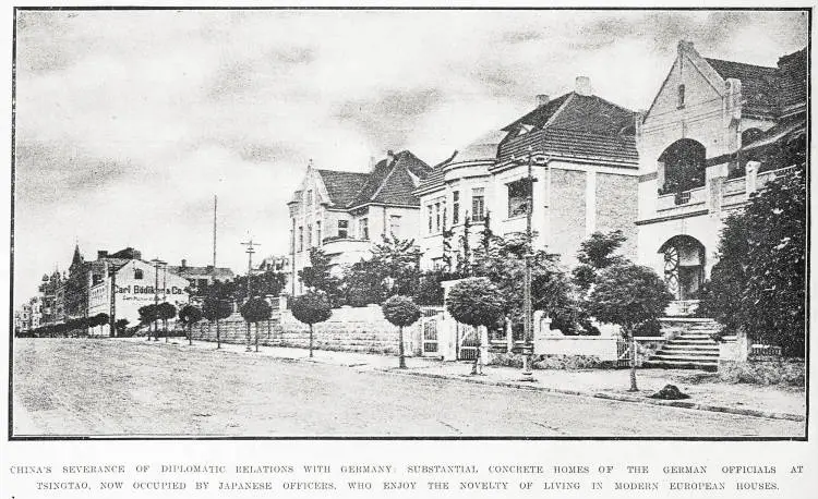 China's severance of diplomatic relations with Germany: substantial concrete homes of the German officials at Tsingtao, now occupied by Japanese officers who enjoy the novelty of living in modern European houses