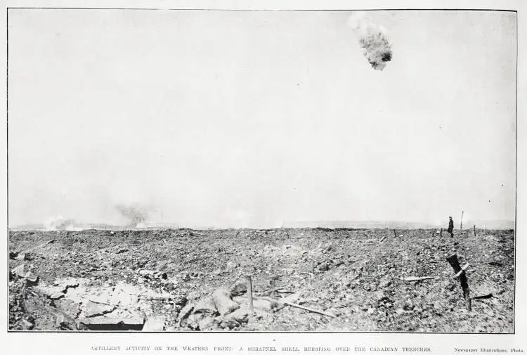Artillery activity on the western front : a shrapnel shell bursting over the Canadian trenches