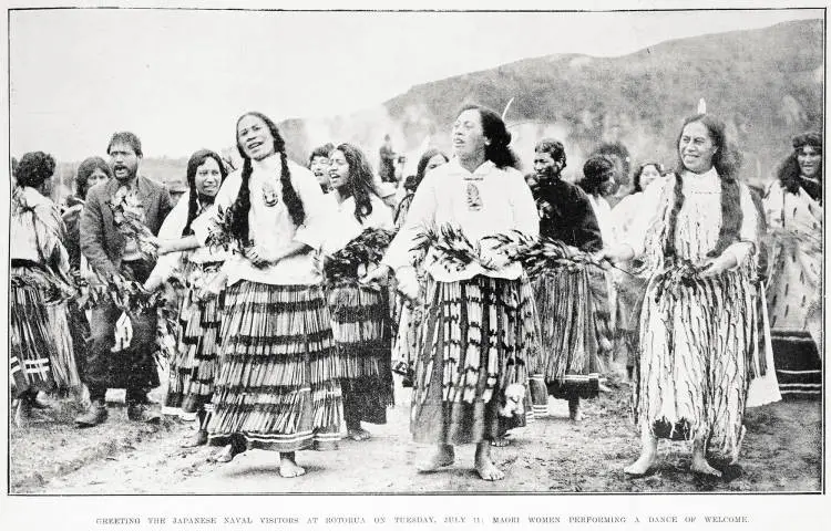 Greeting the Japanese naval visitors at Rotorua on Tuesday, July 11: Māori women performing a dance of welcome