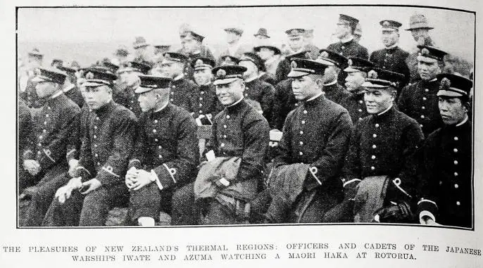 The pleasures of New Zealand's thermal regions: officers and cadets of the Japanese warships Iwate and Azuma watching a Māori haka at Rotorua