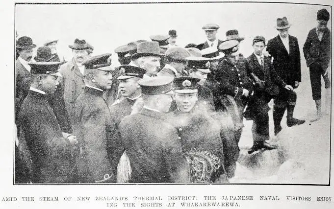 Amid the steam of New Zealand's thermal district: the Japanese naval visitors enjoying the sights at Whakarewarewa