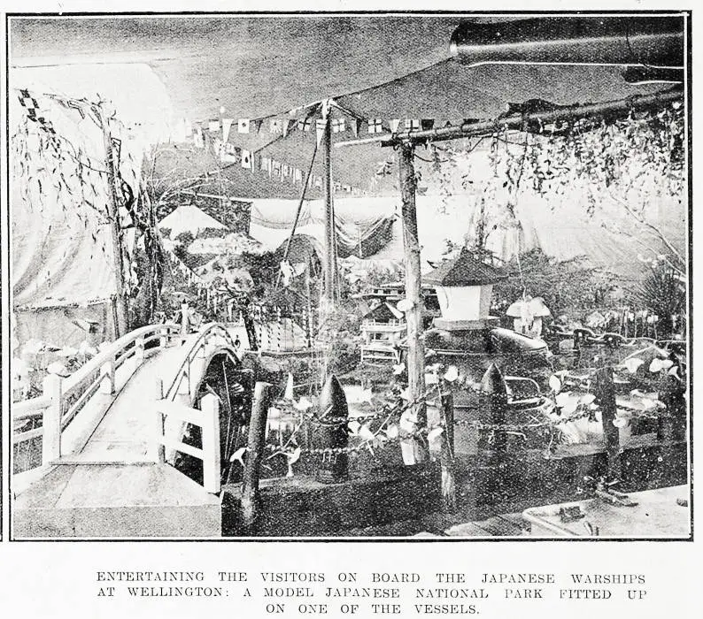 Entertaining the visitors on board the Japanese warships at Wellington: a model Japanese national park fitted up on one of the vessels