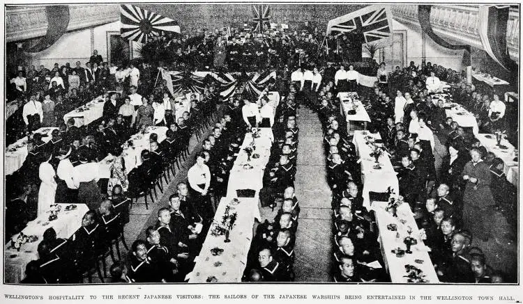 Wellington's hospitality to the recent Japanese visitors: the sailors of the Japanese warships being entertained in the Wellington Town Hall
