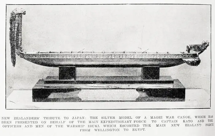 New Zealanders' tribute to Japan: the silver model of a Māori war canoe