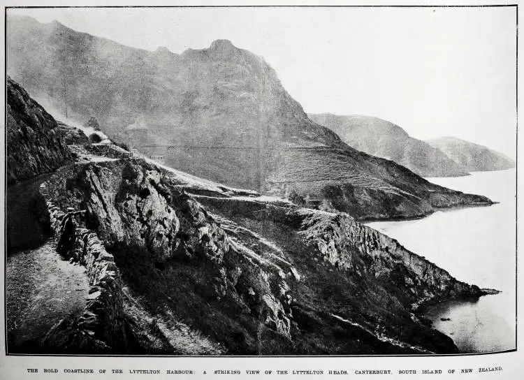 The bold coastline of the Lyttelton Harbour: a striking view of the Lyttelton Heads, Canterbury, South Island of New Zealand