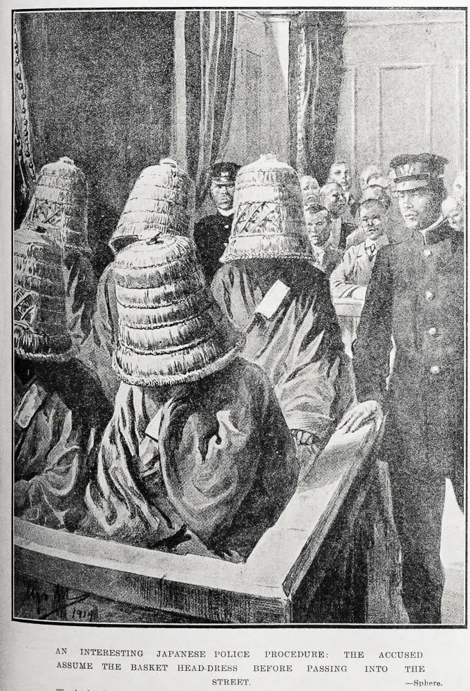 An interesting Japanese police procedure: the accused assume the head-dress before passing into the street