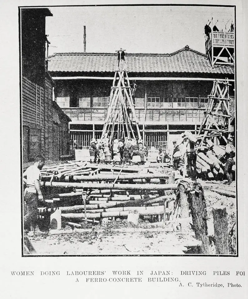 Women doing labourers' work in Japan: driving piles for a Ferro-concrete building