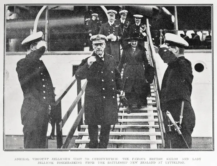 Admiral Viscount Jellicoe's visit to Christchurch: the famous British sailor and Lady Jellicoe disembarking from the battleship New Zealand at Lyttelton