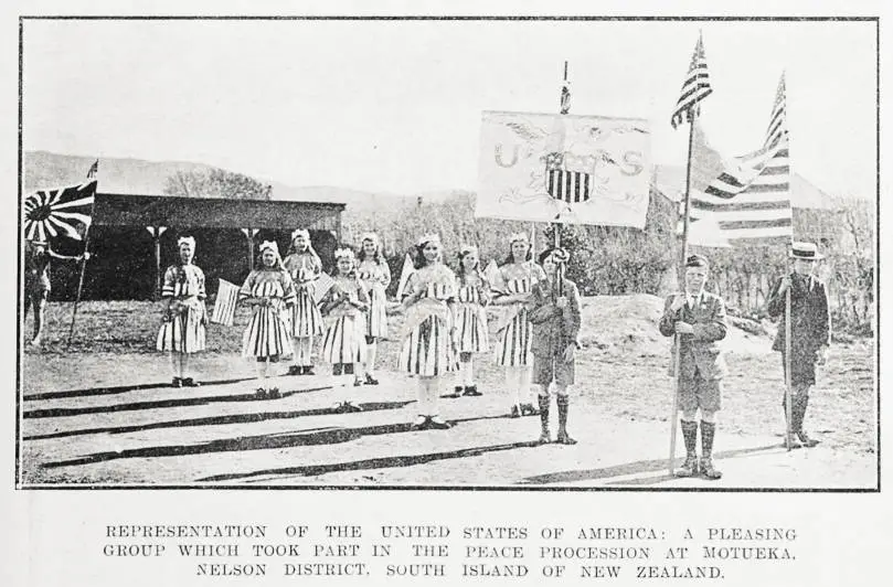 Representation of the United States of America: a pleasing group which took part in the peace procession at Motueka, Nelson district, South Island of New Zealand